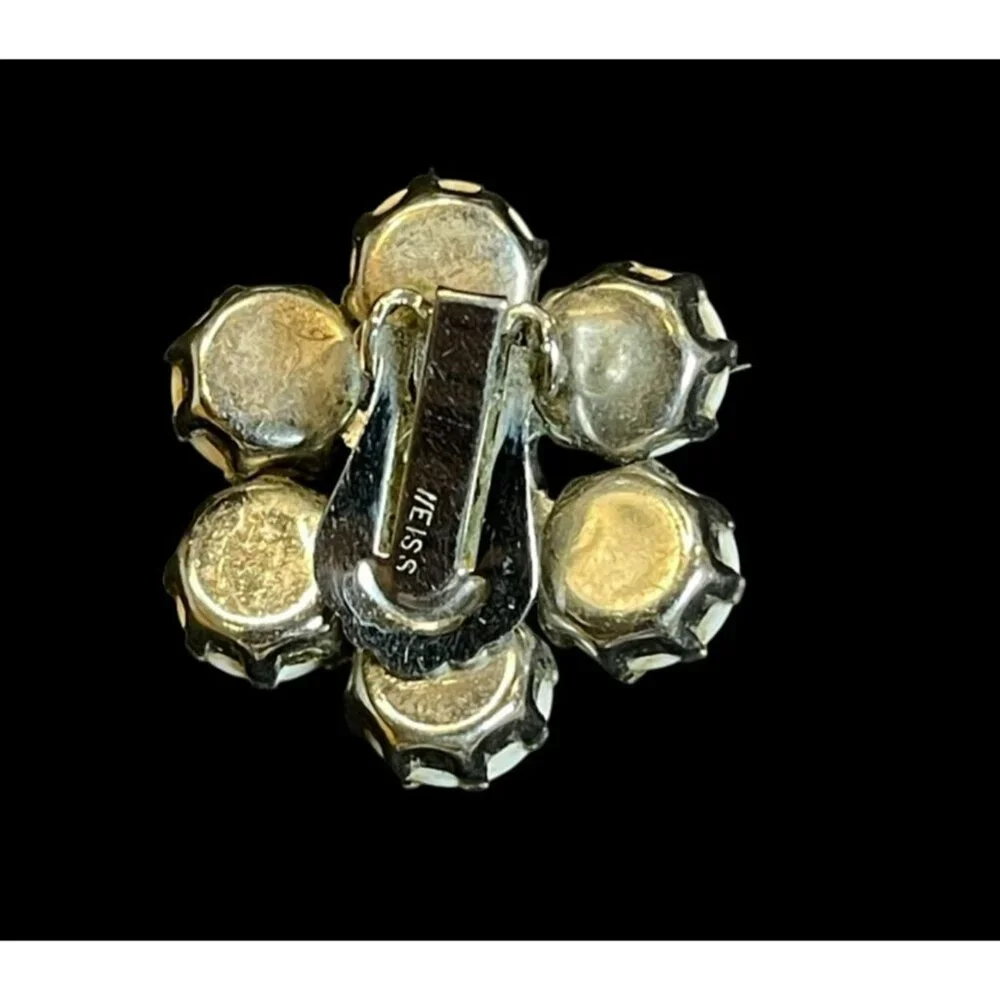 Vtg. Weiss Art Deco Flower White Milk Glass & Rhinestone Clip-On Earrings SIGNED - Picture 4 of 4